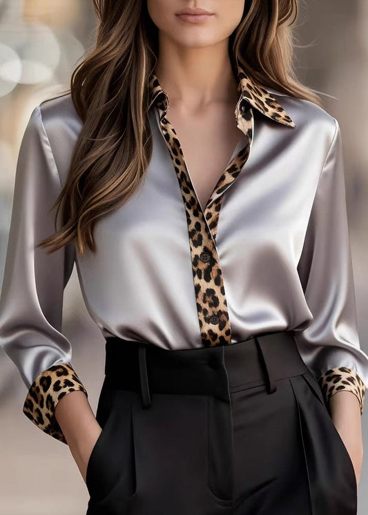 French Grey Peter Pan Collar Leopard Patchwork Silk Top Spring