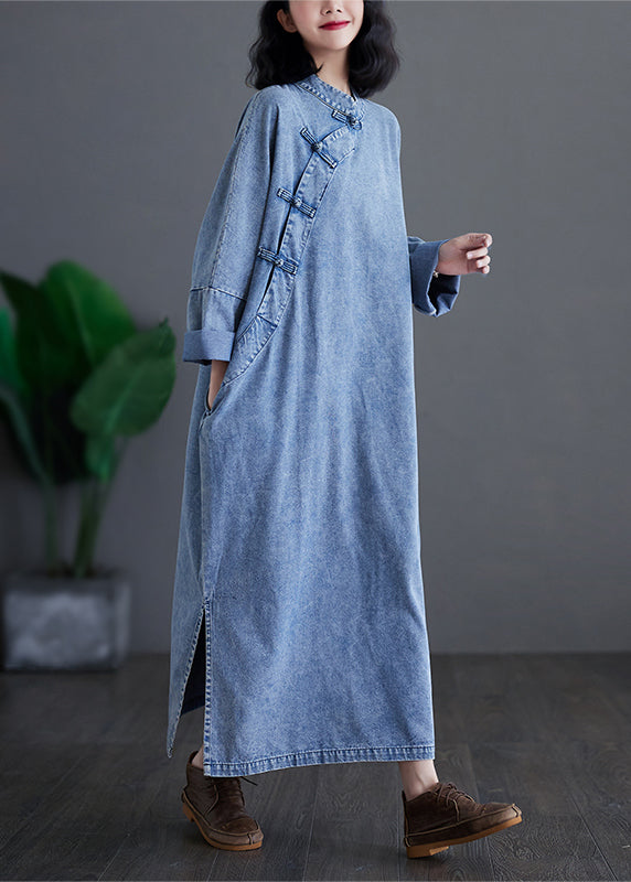 Denim Blue Stand Collar Patchwork Button Side Open Maxi Dresses Spring