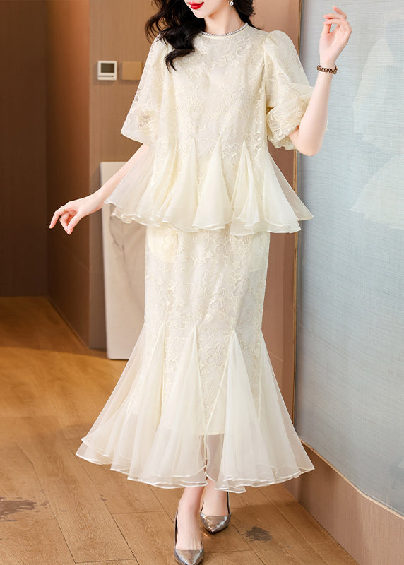 Beige Embroidered Tops and Fishtail Skirt Silk Two Pieces Set Summer