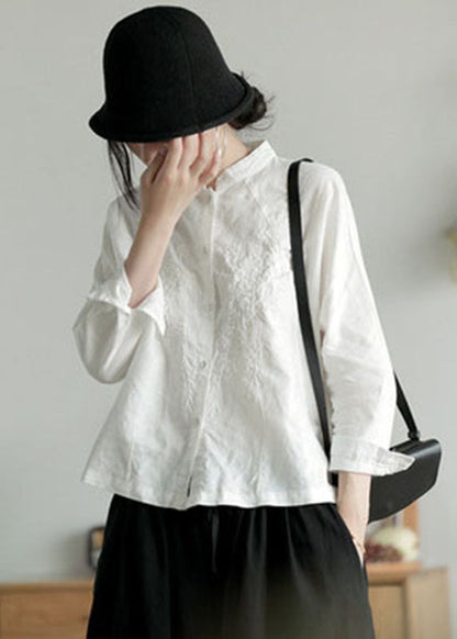 White Stand Collar Button Embroidered Shirt Top Long Sleeve