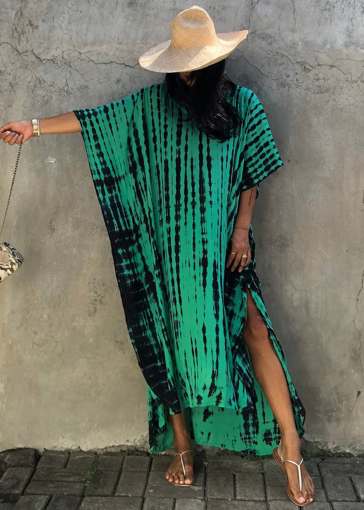 Boutique Green V Neck Tie Dye Cotton Long Dress Summer