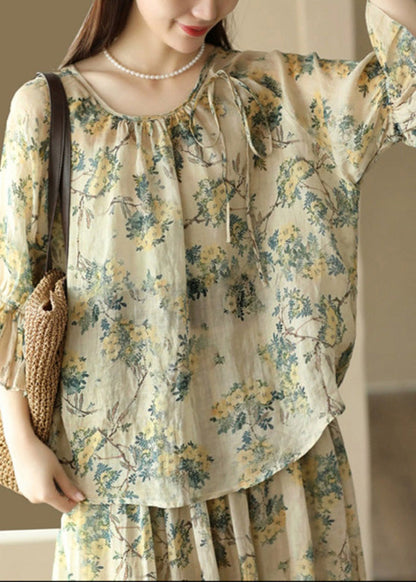 O-neck Print Tie Waist Ramie Shirts Flare Sleeve