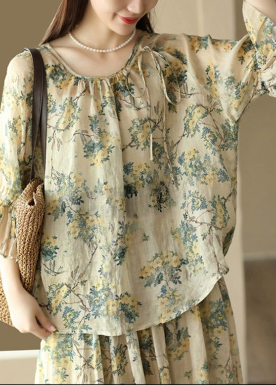 O-neck Print Tie Waist Ramie Shirts Flare Sleeve