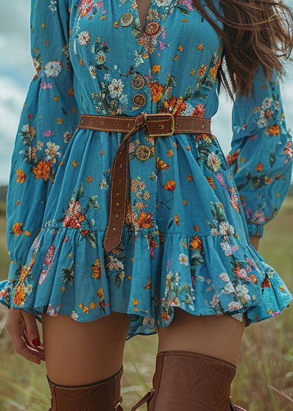 Blue Ruffled Print Button Cotton Short Dresses Spring