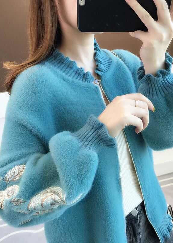 Fluorescent Green Embroidered Ruffled Mink Velvet Coats Spring