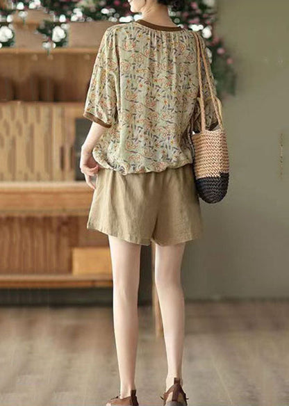 Coffee Patchwork Linen T Shirt Tops O Neck Short Sleeve