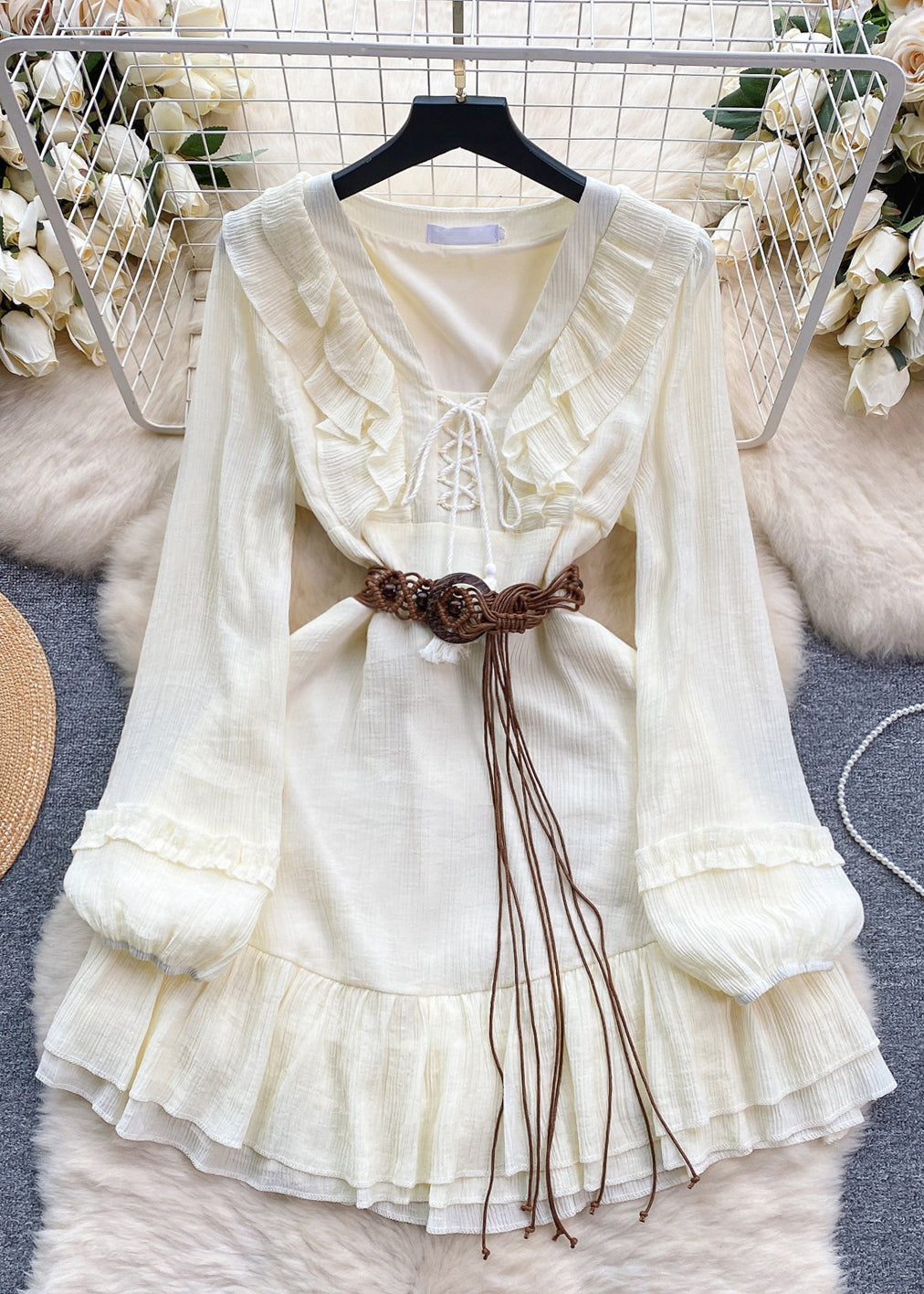 White Ruffled Lace Up Cotton Mid Dress Long Sleeve