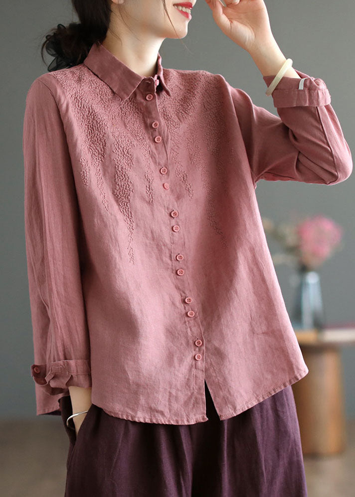 Modern Pink Peter Pan Collar Embroidered Linen Shirts Spring