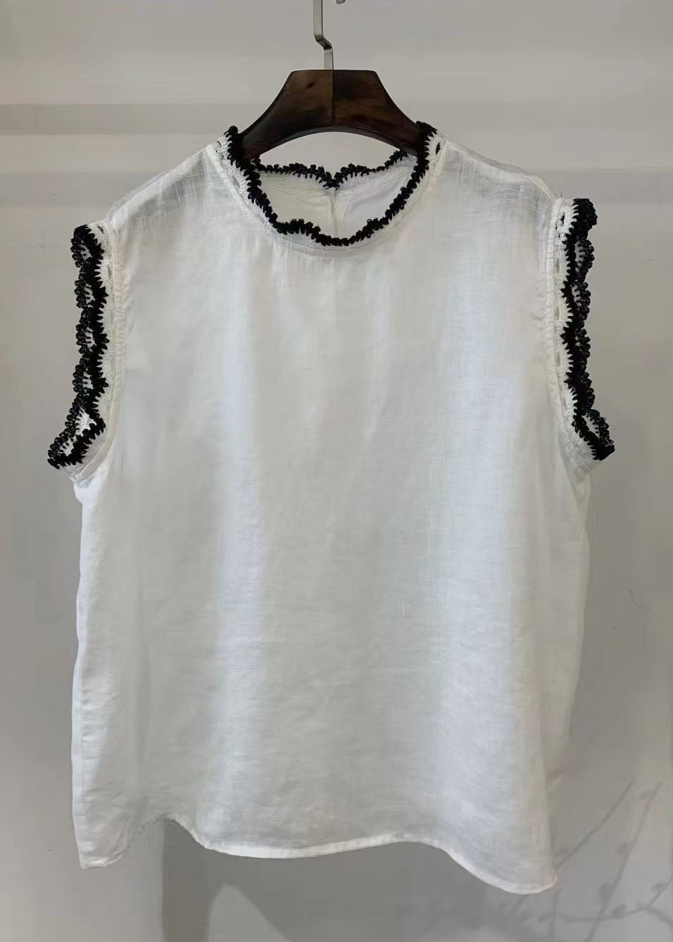 Back Button Down Patchwork Lace Linen Tops Sleeveless
