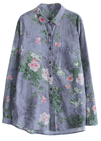Diy Purple Peter Pan Collar Pockets Button Print Fall Blouses Long Sleeve