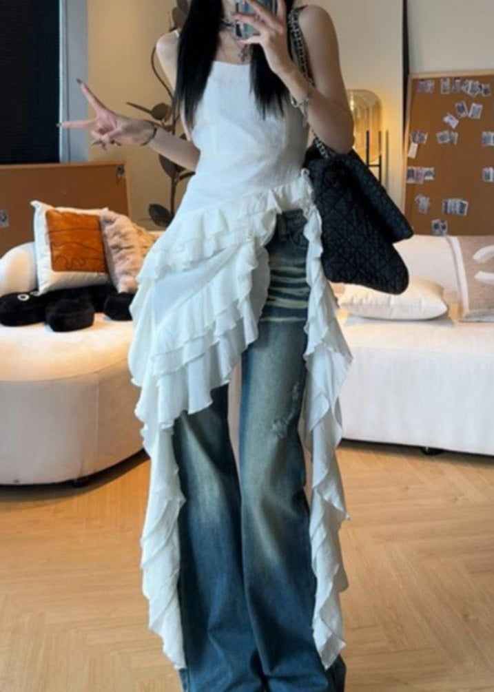 French White Ruffled Cotton Spaghetti Strap Dresses Sleeveless