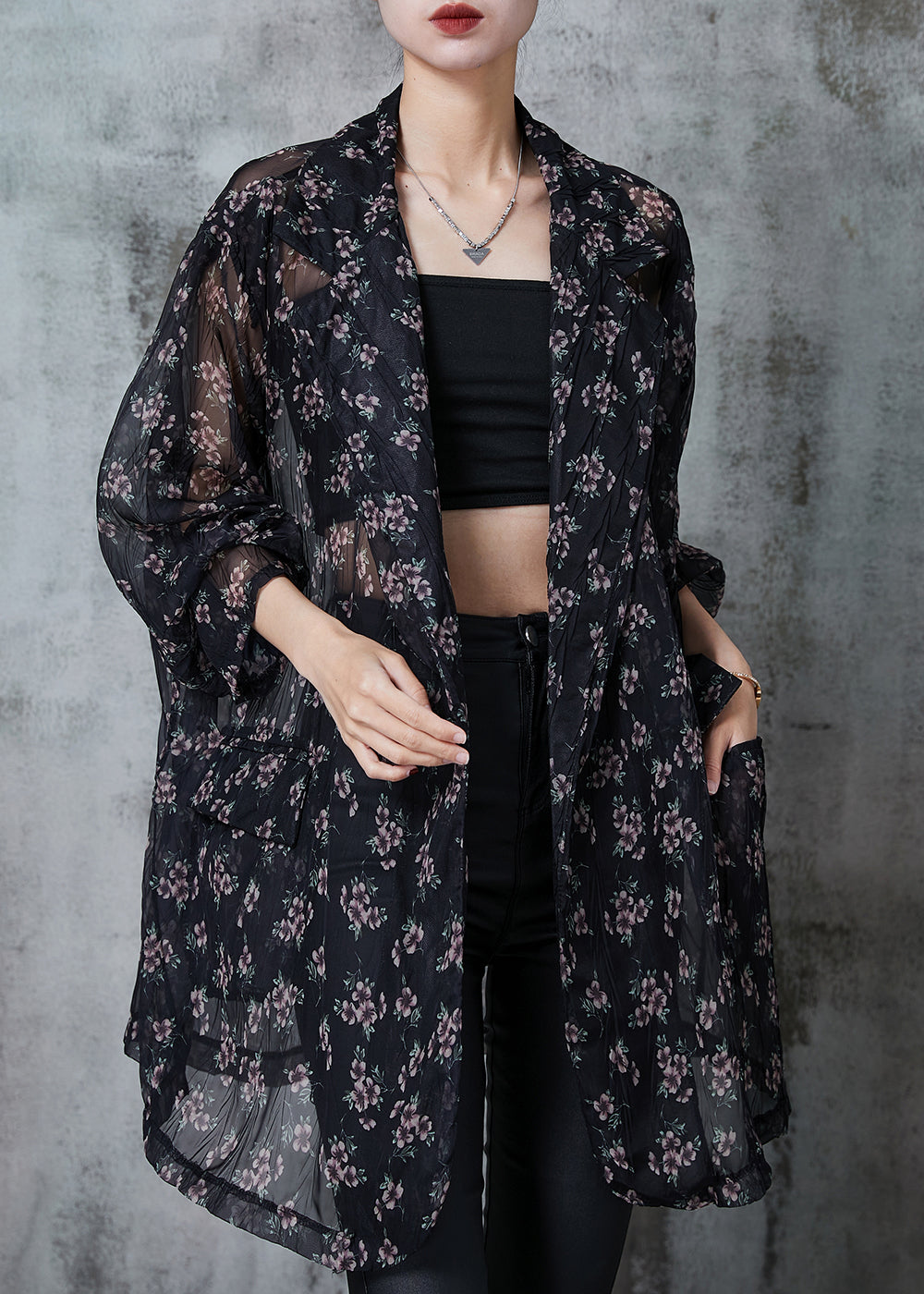 Black Oversized Print Chiffon Cardigan Summer