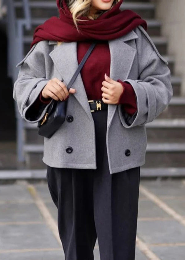 Grey Peter Pan Collar Button Woolen Coats Winter