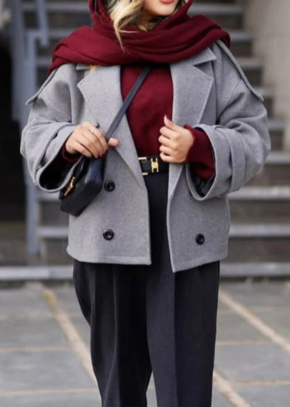 Grey Peter Pan Collar Button Woolen Coats Winter