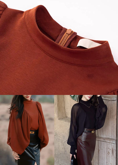 Black Zippered Chiffon Patchwork Shirt Wrinkled Batwing Sleeve