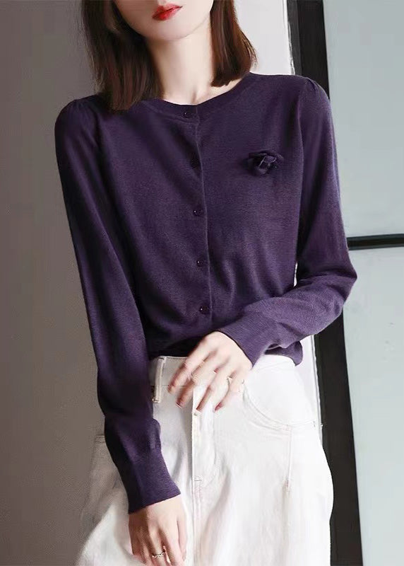 Purple O Neck Patchwork Woolen Knit Cardigans Fall