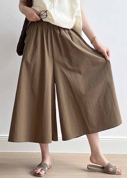 Brown Pockets Elastic Waist Cotton Crop Wide Leg Pants Summer