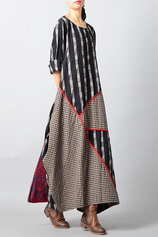 Limited Stock- Stripes Plaid Spliced Irregular Cotton Linen Dress