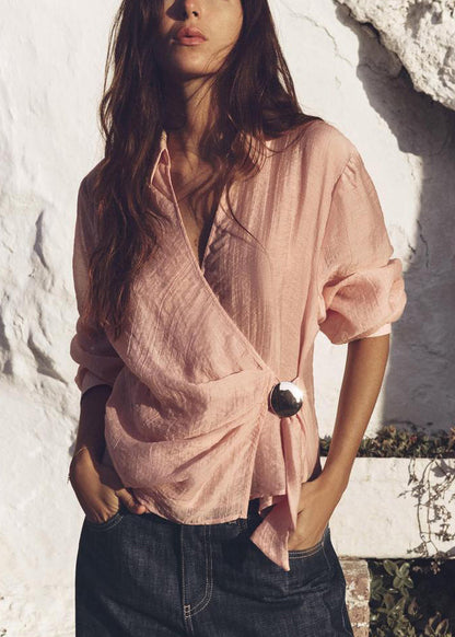 New Pink Peter Pan Collar Cotton Shirt Fall
