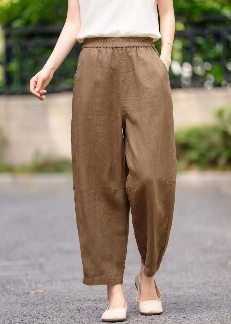 Coffee Elastic Waist Linen Harem Pants Summer