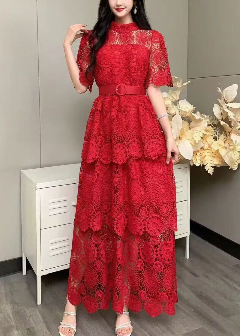 Yellow Embroidered Tie Waist Patchwork Lace Dress Summer