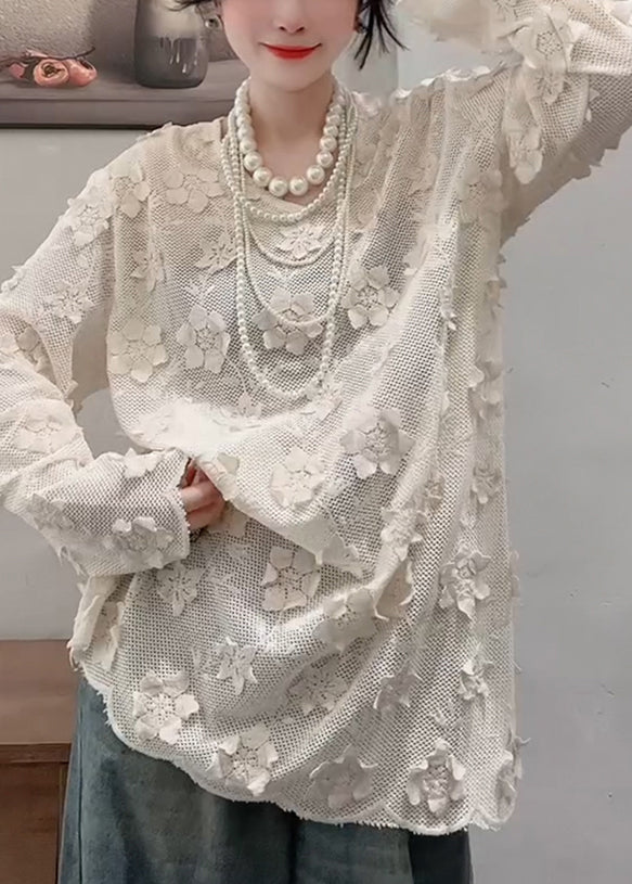 French Apricot O-neck Decorated Top Fall