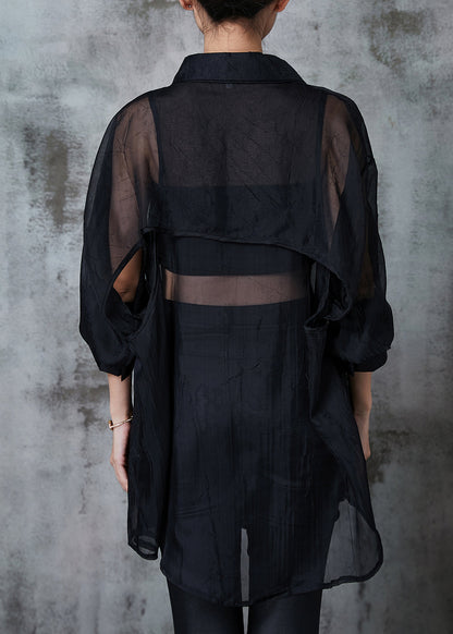 Black Oversized Back Hollow Out Tulle Long Shirts Summer