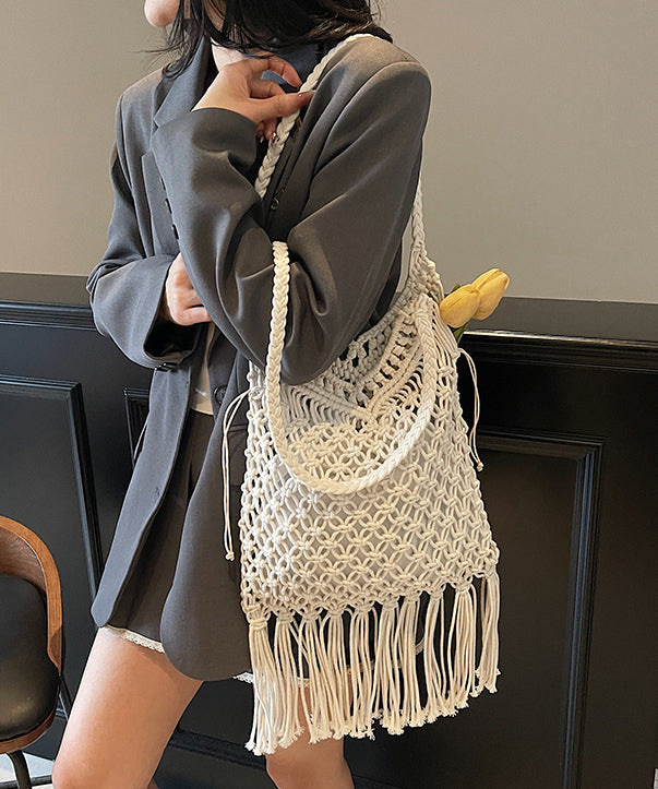 Khaki Tasseled Hollow Out Knit Shoulder Bags