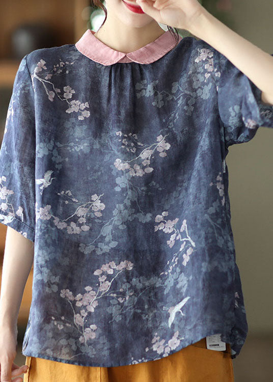 Blue Print Patchwork Linen Tops Peter Pan Collar Colorblock Short Sleeve