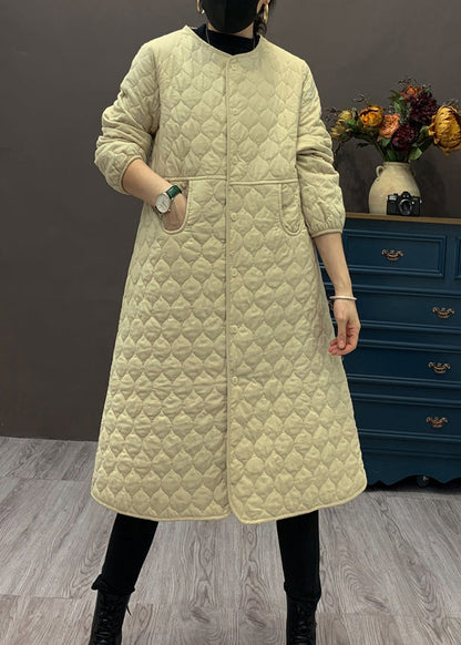 Beige O Neck Pockets Fine Cotton Filled Coat Winter