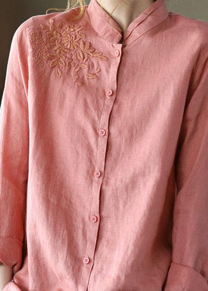 Pink Button Embroidered Fall Linen Tops Long Sleeve