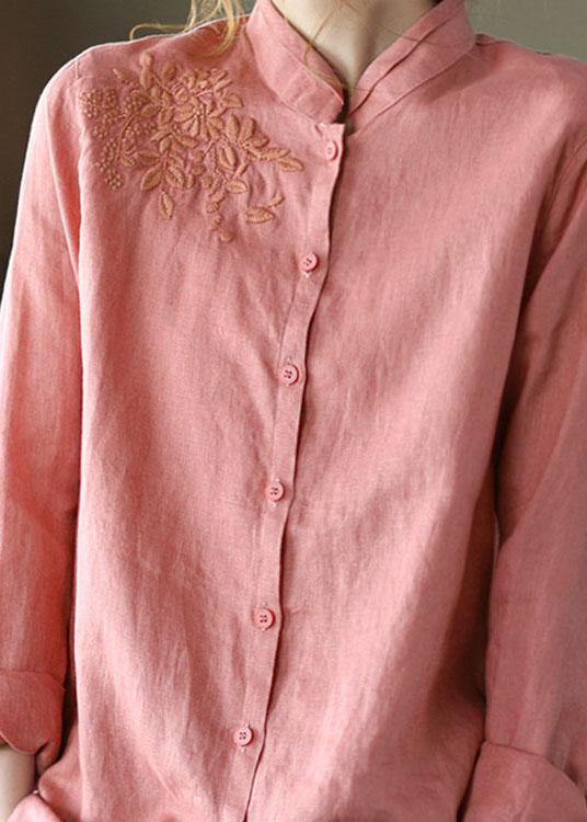 Pink Button Embroidered Fall Linen Tops Long Sleeve