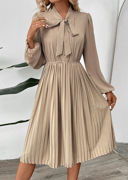 New Apricot Bow Long Sleeved Pleated Dress