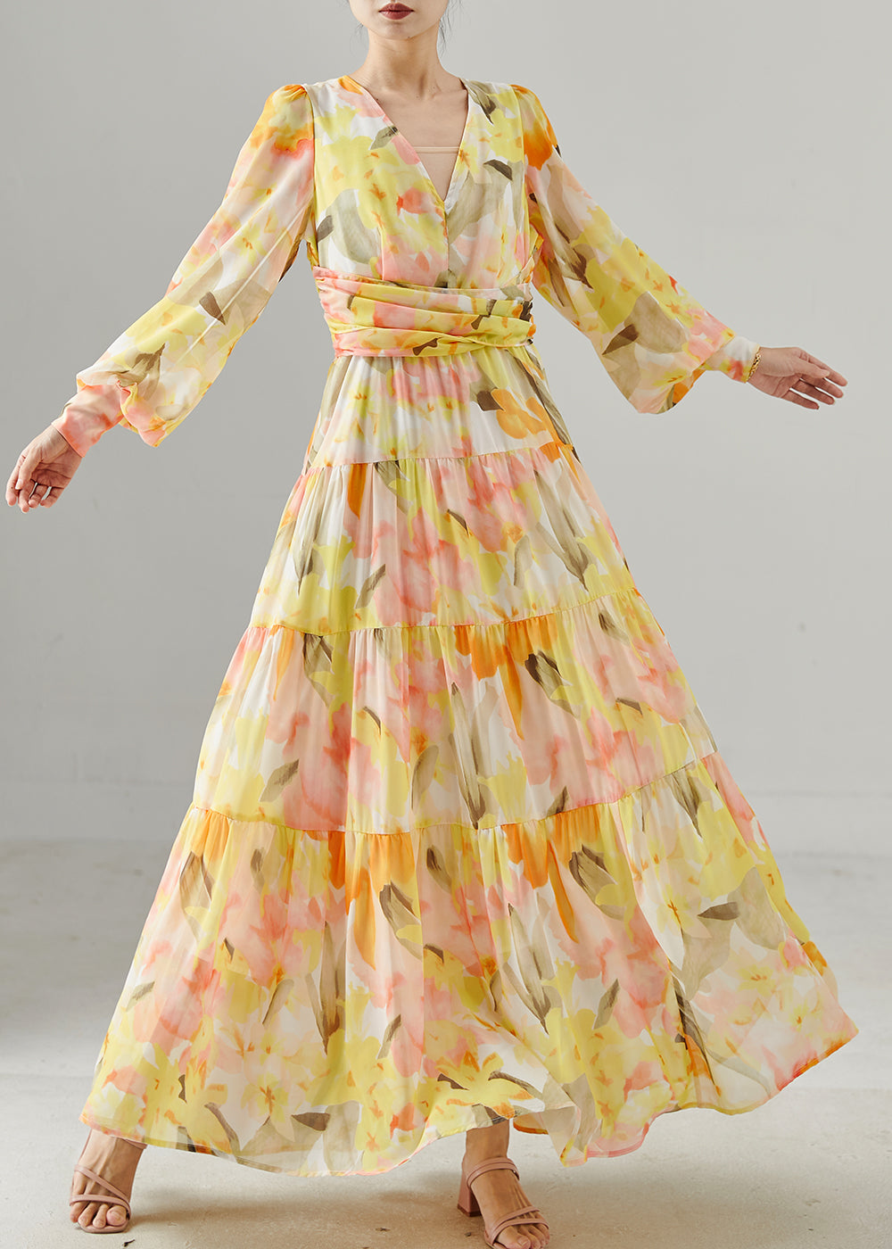 Orange Print Exra Large Hem Chiffon Beach Dress Fall