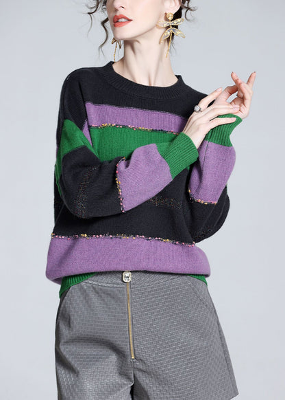 Purple O-neck Cozy Patchwork Wool Knit Sweater Winter