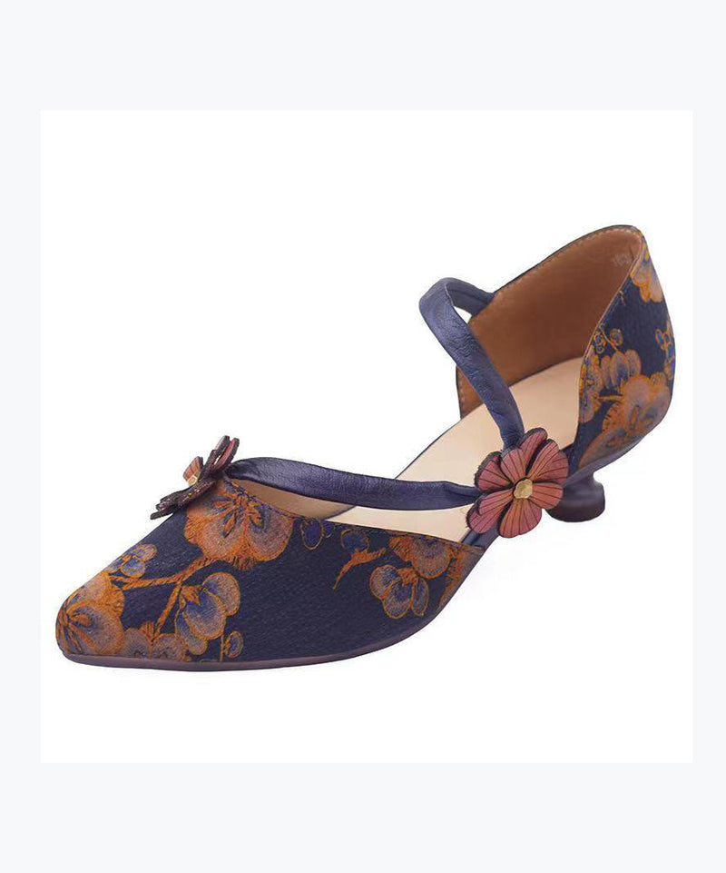 Blue Retro Print High Heels Pointed Toe