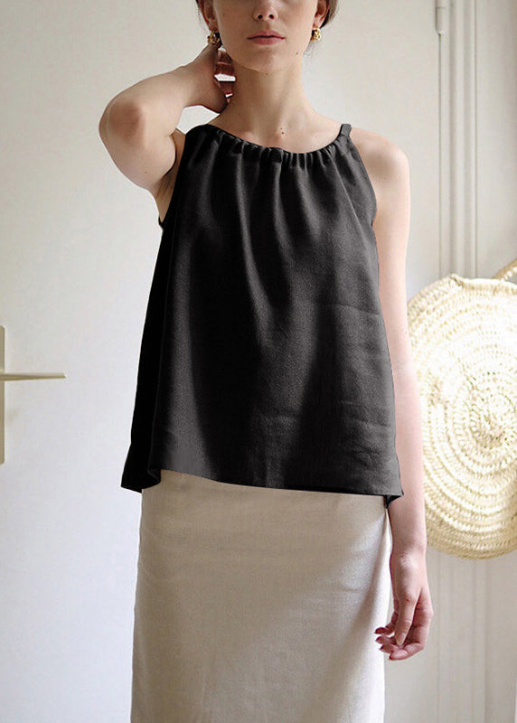 French Style Linen O Neck Lace Up Top Sleeveless
