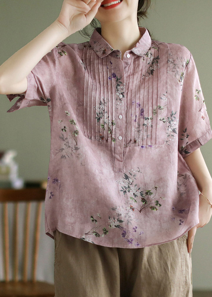 Pink Peter Pan Collar Print Button Linen Shirts Short Sleeve