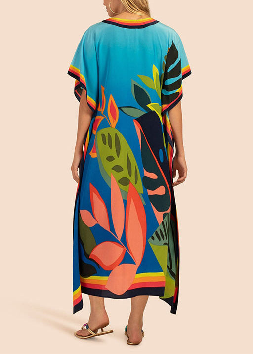 Blue O Neck Print Chiffon Long Dress Summer