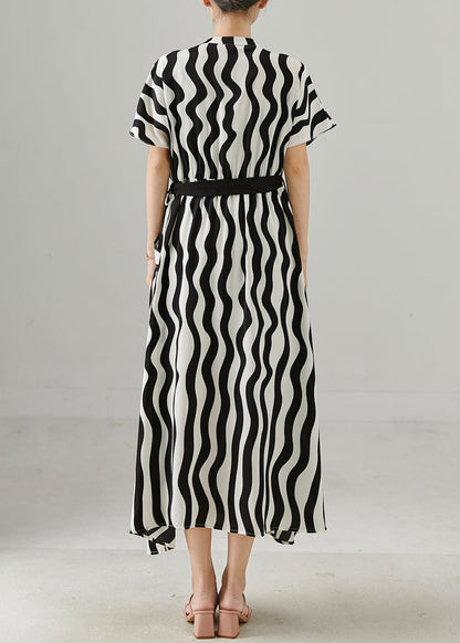 Black Tie Waist Striped Chiffon Work Dress Summer