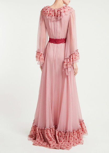 Pink Ruffled Dot Patchwork Chiffon Dresses Spring