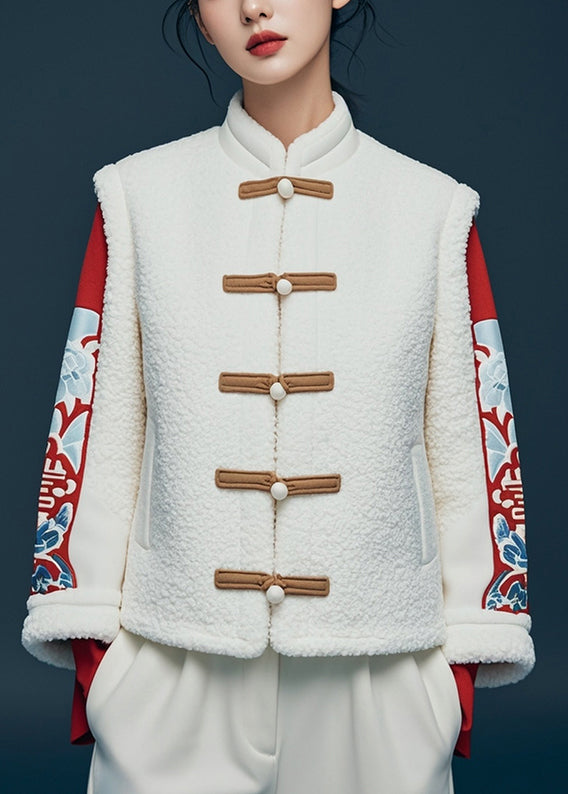 White Button Print Teddy Faux Fur Coat Winter