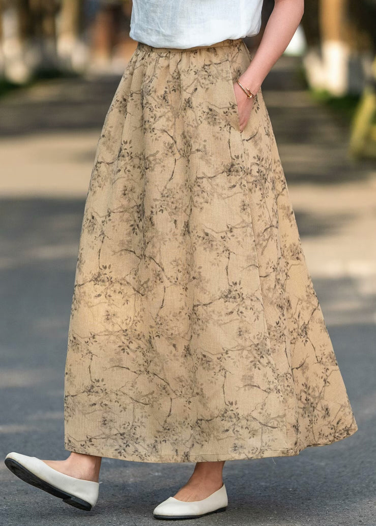 Khaki Pockets Print High Waist Cotton Skirts Summer