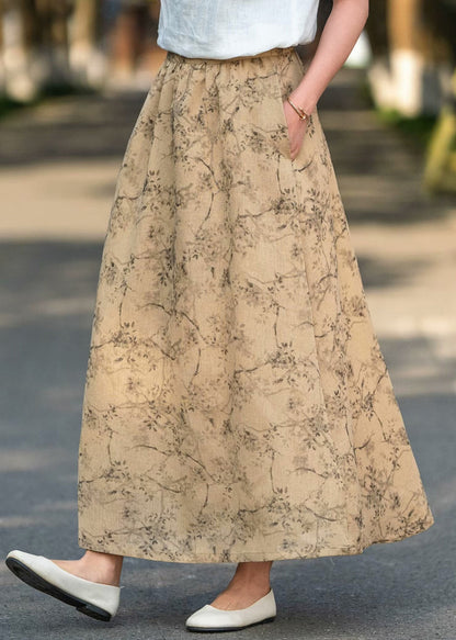 Khaki Pockets Print High Waist Cotton Skirts Summer