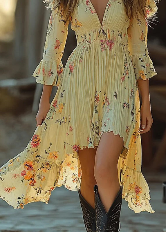 Yellow V Neck Print Wrinkled Cotton Mid Dresses Summer