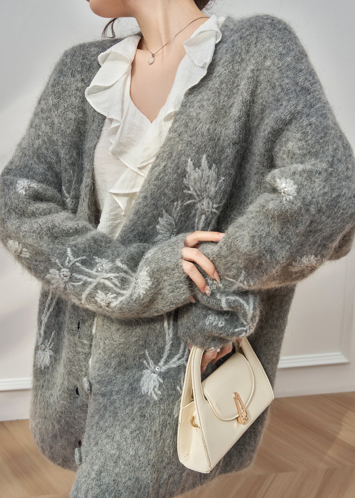 Boutique Grey Embroidered Sequins Cotton Knit Cardigan Spring