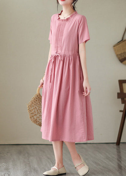 Green O-neck Patchwork Tie Waist Linen Long Dresses Short Sleeve