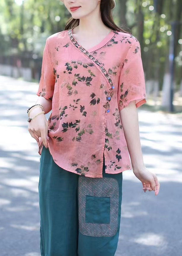 Pink V Neck Print Patchwork Linen Shirt Top Summer