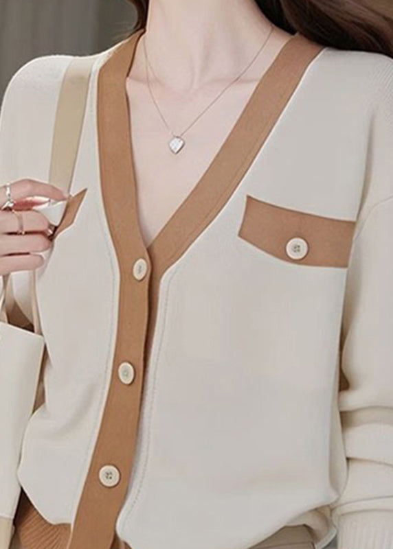 Colorblock V Neck Patchwork Button Cotton Knit Cardigans Fall