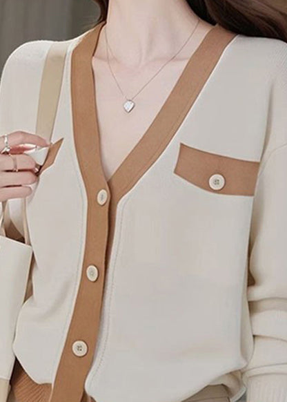 Colorblock V Neck Patchwork Button Cotton Knit Cardigans Fall